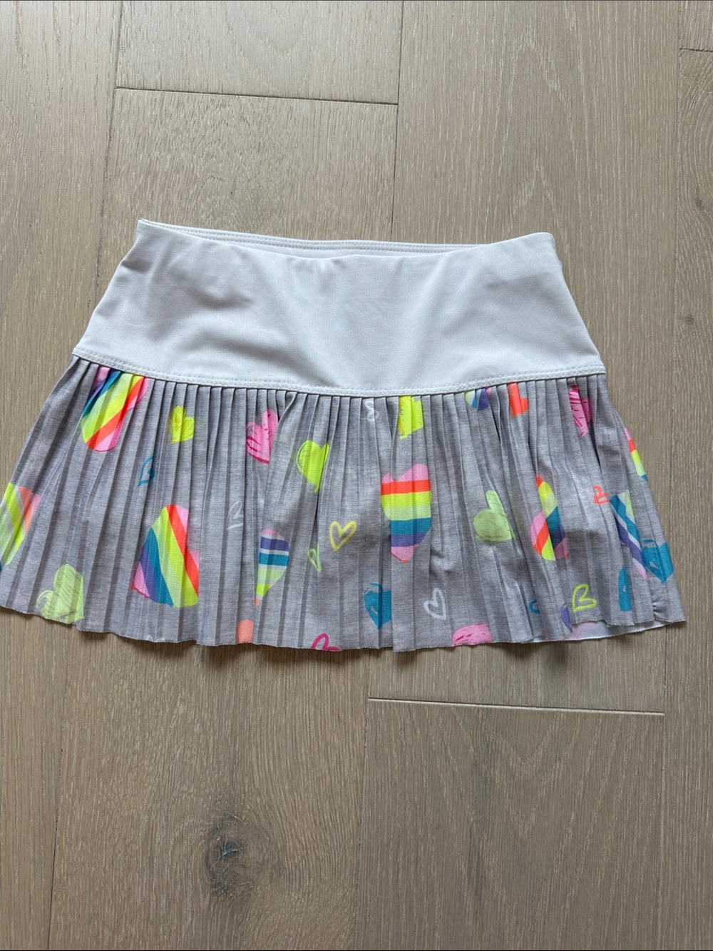 Lucky in Love Gray Pleated Skirt with Rainbow Heart Print